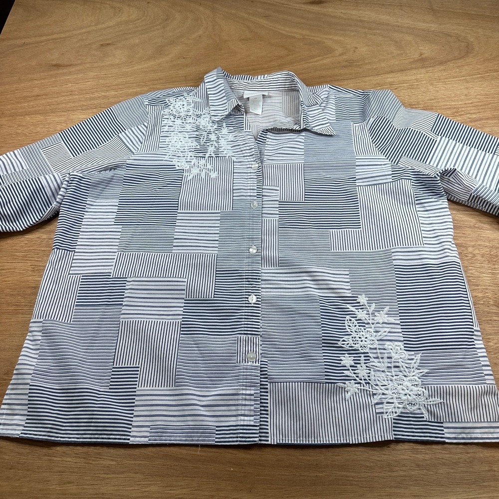 Alfred Dunner Women's XL Blue White Striped Button Front Shirt Embroidered Top
